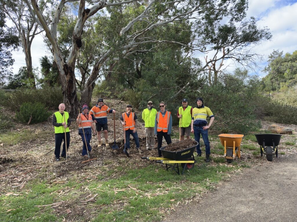 Cobram Estate team and Friends of Kevin Hoffman Walk volunteers during a mulching day in Lara