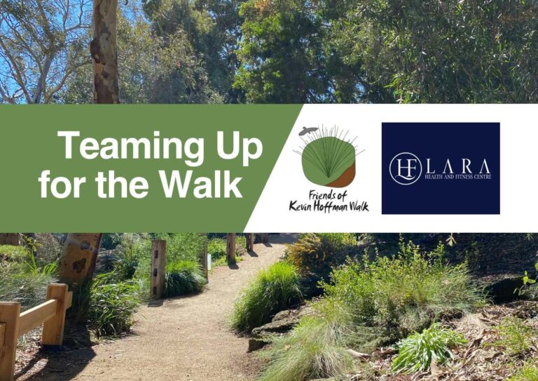 Lara Health and Fitness Centre and Friends of Kevin Hoffman Walk Community Working Bee event banner showing a scenic trail path.